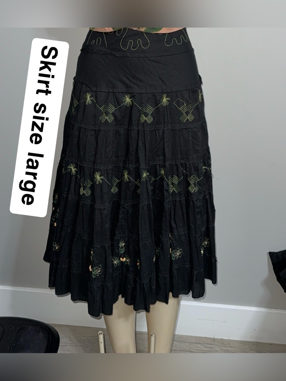 Black Tiered Embroidered Midi Skirt - Women